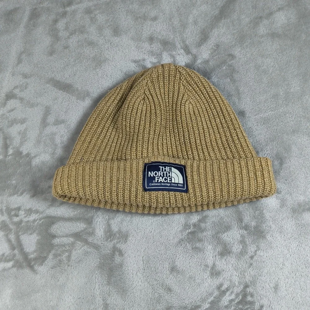 The North Face Beanie‎ Rib Knit Mens Tan One Size Logo Patch Cuffed Outdoor